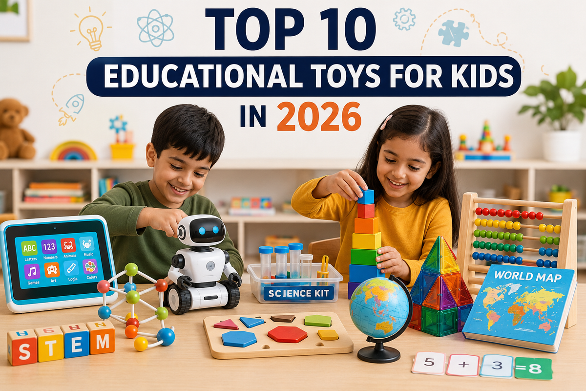 Top 10 educational toys for kids in 2026 including STEM toys, coding robots, puzzles, science kits, and Montessori learning toys.